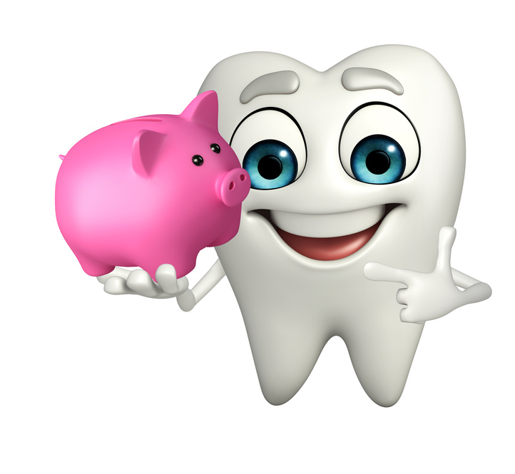 Cartoon character of teeth with piggy bank